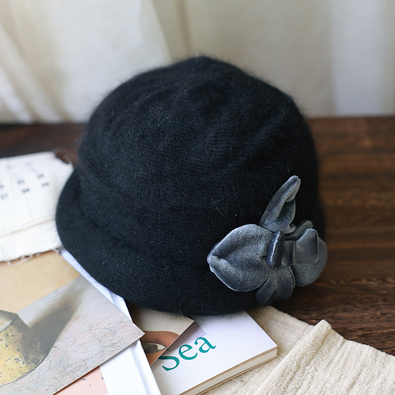 龙舌兰」小众审美奶奶风复古花朵兔毛混纺渔夫帽女冬复古盆帽加绒