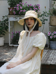 森气文艺蕾丝系带花边草帽可折叠户外韩版 百搭遮阳大檐草编渔夫帽