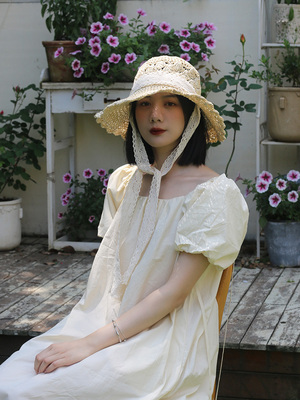 蕾丝系带花边草帽可折叠