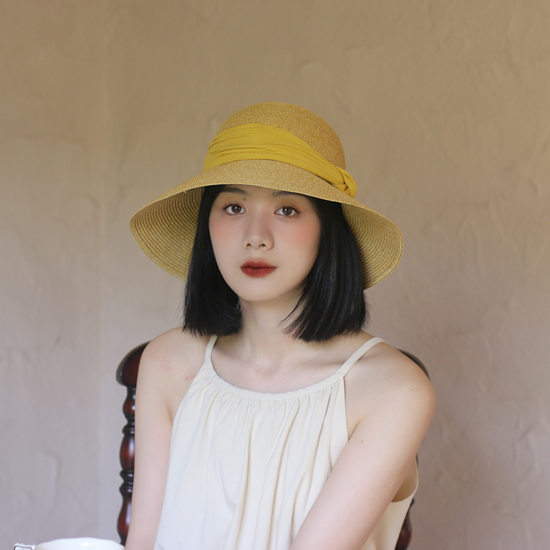 柠檬黄~黄色装饰带大檐草帽女士夏季遮脸遮阳防紫外线草编渔夫帽
