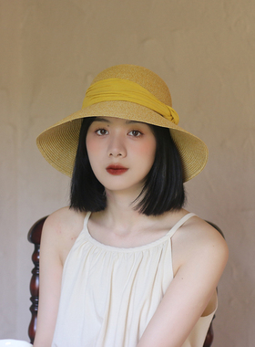 柠檬黄~黄色装饰带大檐草帽女士夏季遮脸遮阳防紫外线草编渔夫帽