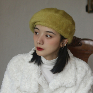秋香色 少见复古芥末黄绿兔毛纯色贝雷帽秋冬毛绒气质蓓蕾画家帽
