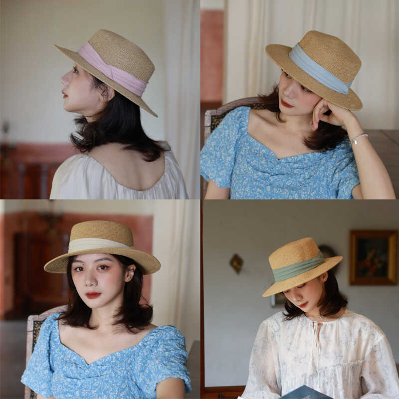 草帽女沙滩遮阳帽草编彩色夏季防晒帽复古太阳帽平顶法式礼帽帽子