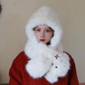 可爱小狗 帽子围巾两件套仿狐狸毛加厚加绒护耳雷锋帽子女交叉巾