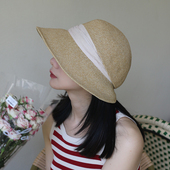 赫本风复古大檐遮阳帽后褶皱设计感高品质圆顶草帽夏季 户外防晒帽
