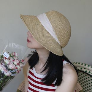 赫本风复古大檐遮阳帽后褶皱设计感高品质圆顶草帽夏季户外防晒帽