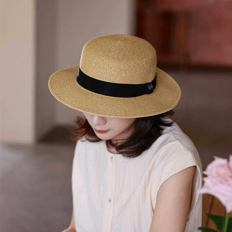 珠光装饰带高品质帅气复古平顶平檐草帽男女夏季户外遮阳防晒帽子