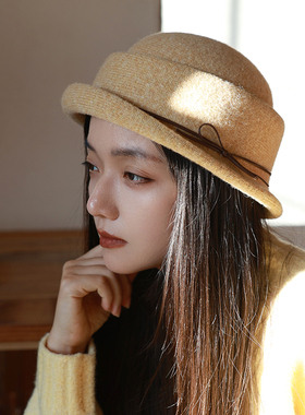 银杏树下」30% 绵羊毛复古卷边礼帽女秋冬羊毛呢盆帽百搭显脸小