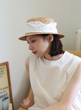 小确幸」天然草本麦秸秆草编礼帽女夏宽檐遮阳帽度假出游平顶草帽