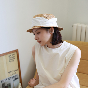 小确幸」天然草本麦秸秆草编礼帽女夏宽檐遮阳帽度假出游平顶草帽