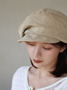 汉麻莱赛尔」日系卡其色八角帽女百搭显脸小堆叠感刺绣报童帽文艺
