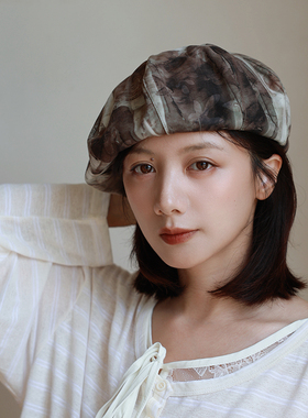 闻鹭」复古扎染贝雷帽女秋显脸小大版画家帽日系文艺云朵帽棕色系