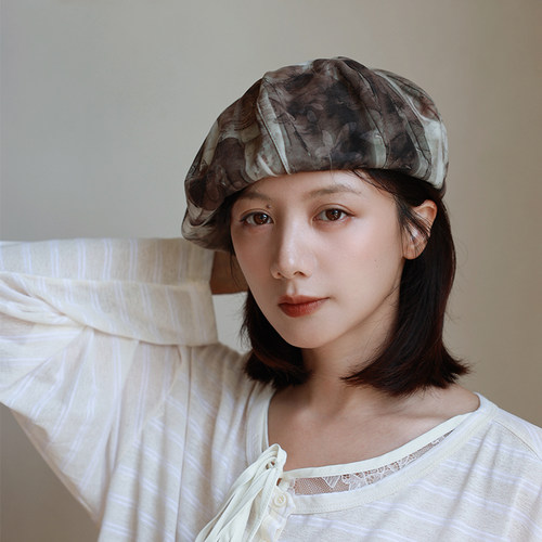 闻鹭」复古扎染贝雷帽女秋显脸小大版画家帽日系文艺云朵帽棕色系