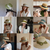 关于绿色 绿色系大檐草帽春夏户外平顶草编小礼帽圆顶遮阳帽防晒