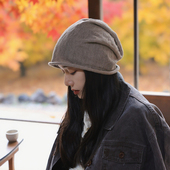 柔軟」100%亚麻堆堆帽大头宽松纯色百搭卷边冷帽包头帽薄款 男女秋