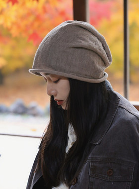 柔軟」100%亚麻堆堆帽大头宽松纯色百搭卷边冷帽包头帽薄款男女秋