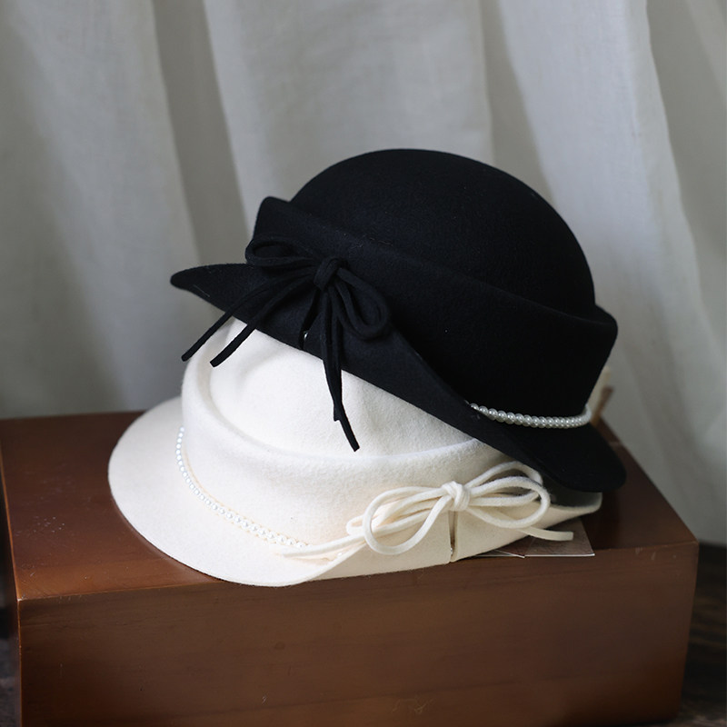 小香风翘边蝴蝶结珍珠链凹顶礼帽子女冬季纯羊毛毡帽优雅气质盆帽,服饰配件/皮带/帽子/围巾,帽子,淘宝优惠券,粉丝福利购,淘宝优惠卷