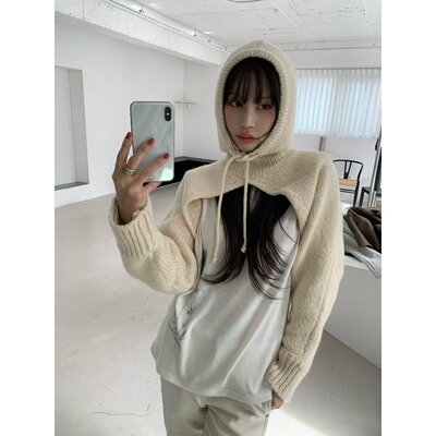 2026韩国ins韩系斗篷连帽披肩针织衫女秋设计感小众叠穿长袖上衣