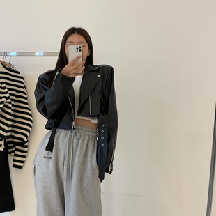 韩国chic早秋港风复古西装领大口袋系带收腰短款机车PU皮衣外套女