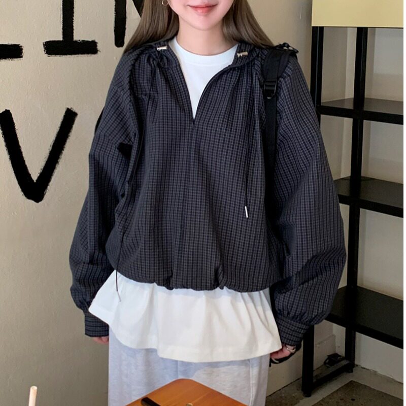 韩国chic秋装新款慵懒风宽松休闲百搭半拉链抽绳连帽式格子衬衫女