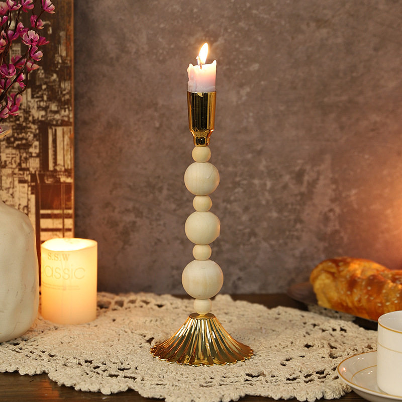 欧式复古木质珠子金色底座烛台