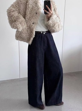 TOP约澜83113-2 韩版加厚保暖高腰显瘦直筒牛仔裤女腰带阔腿长裤