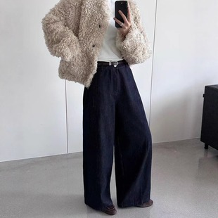 女腰带阔腿长裤 TOP约澜83113 加厚保暖高腰显瘦直筒牛仔裤 韩版