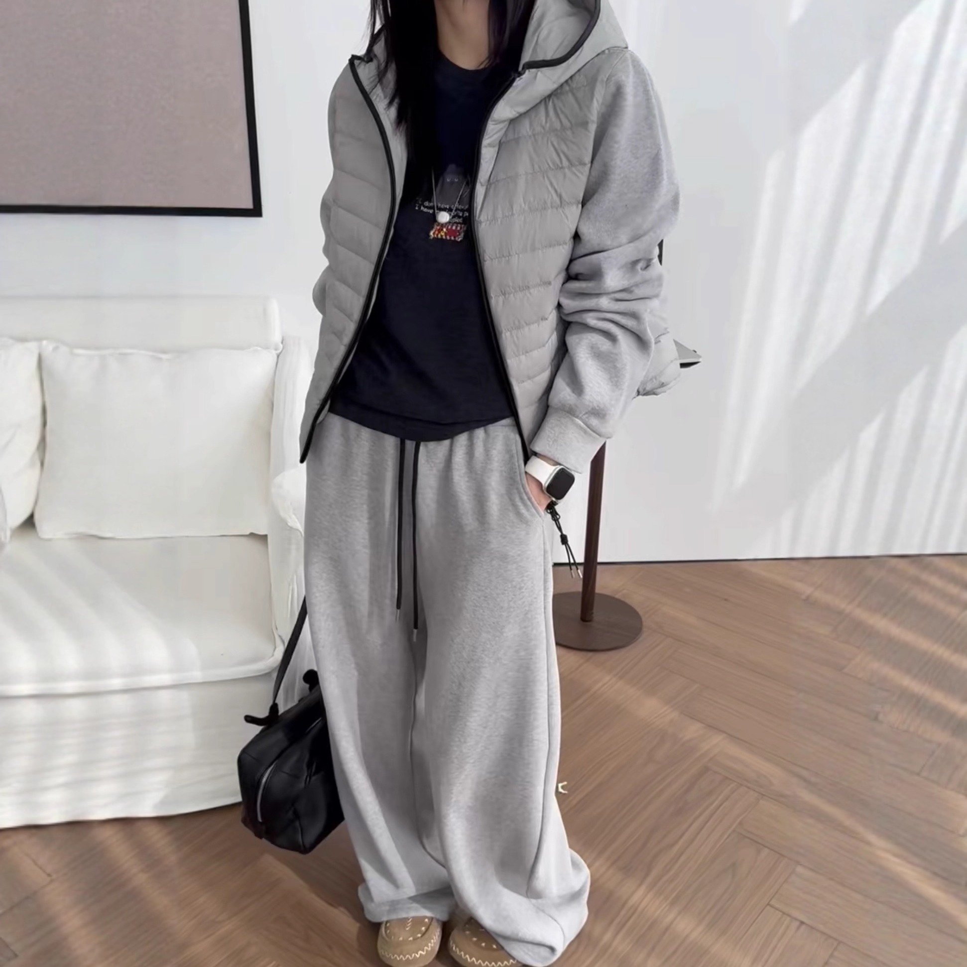 韩版宽松休闲保暖拼接羽绒服套装