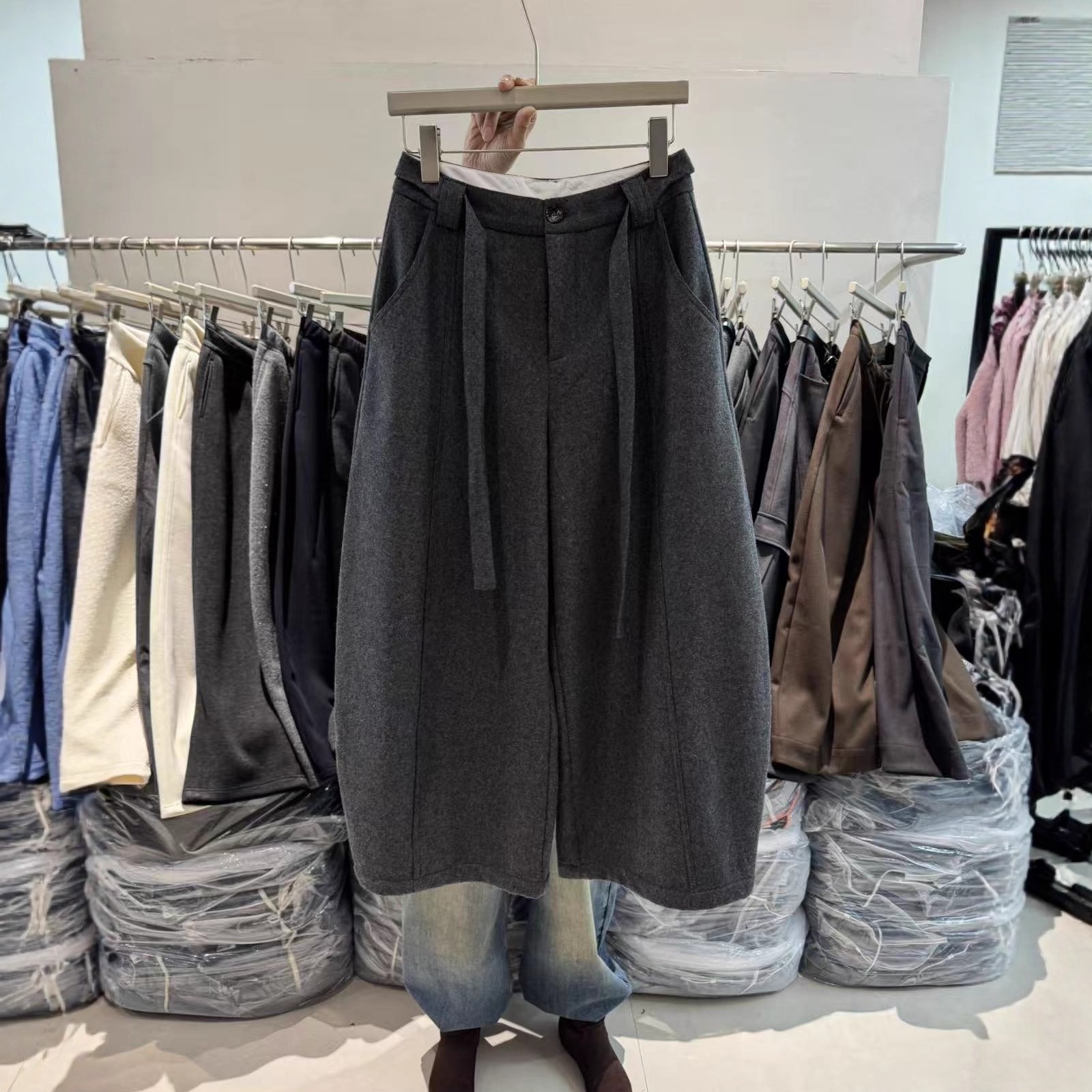 韩版宽松休闲高腰加厚保暖毛呢裤