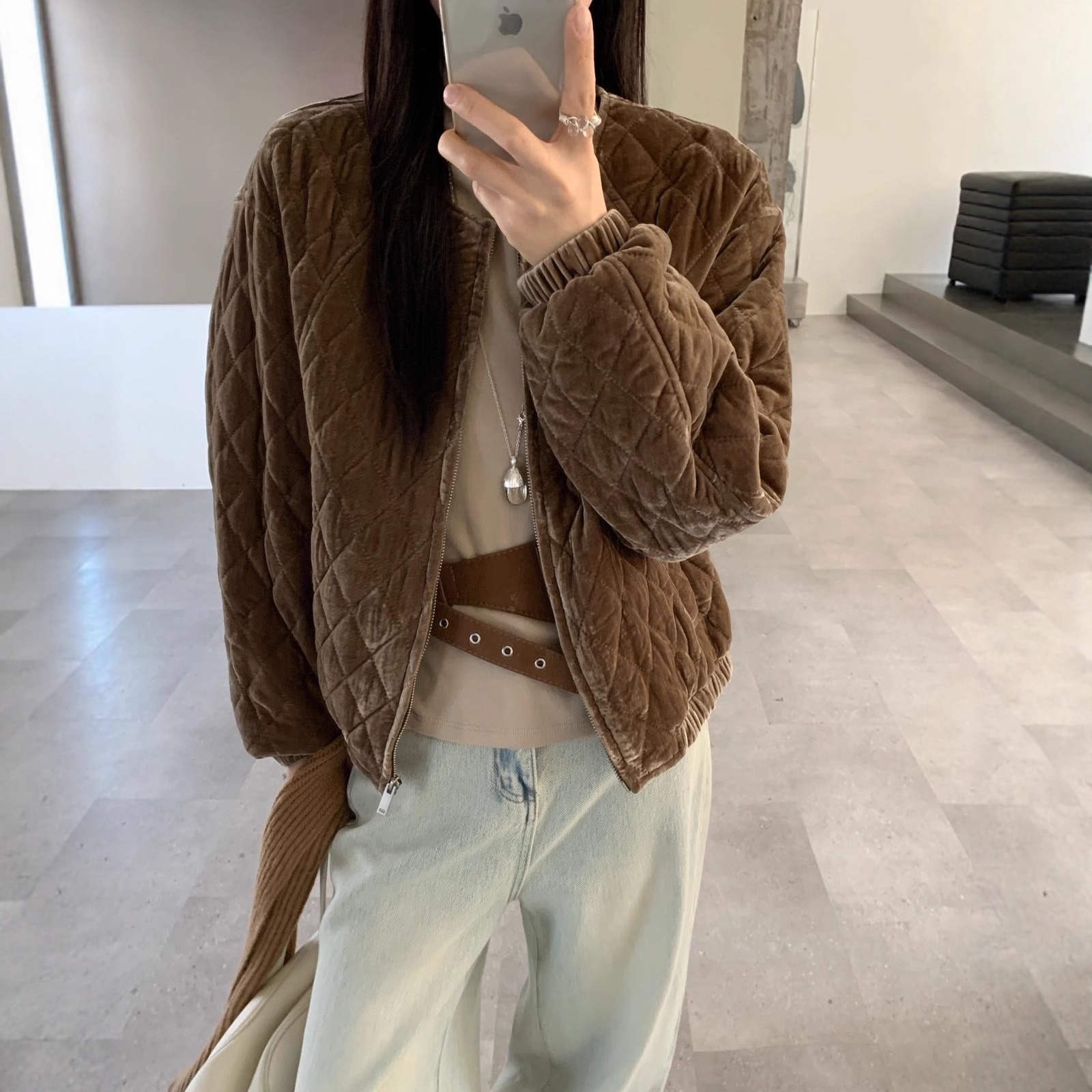 MISSLIER菱形格棉服短款外套女