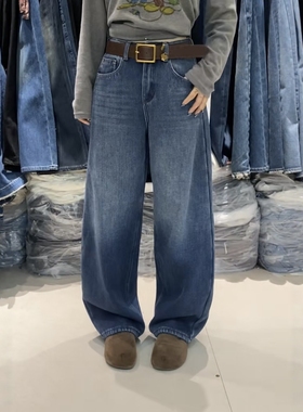 韩版宽松休闲高腰显瘦加绒加厚直筒牛仔裤女冬配腰带阔腿长裤7683