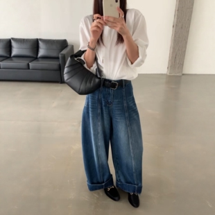 多元韩系复古气质配腰带牛仔裤女秋高腰显瘦宽松弯刀裤老爹阔腿裤