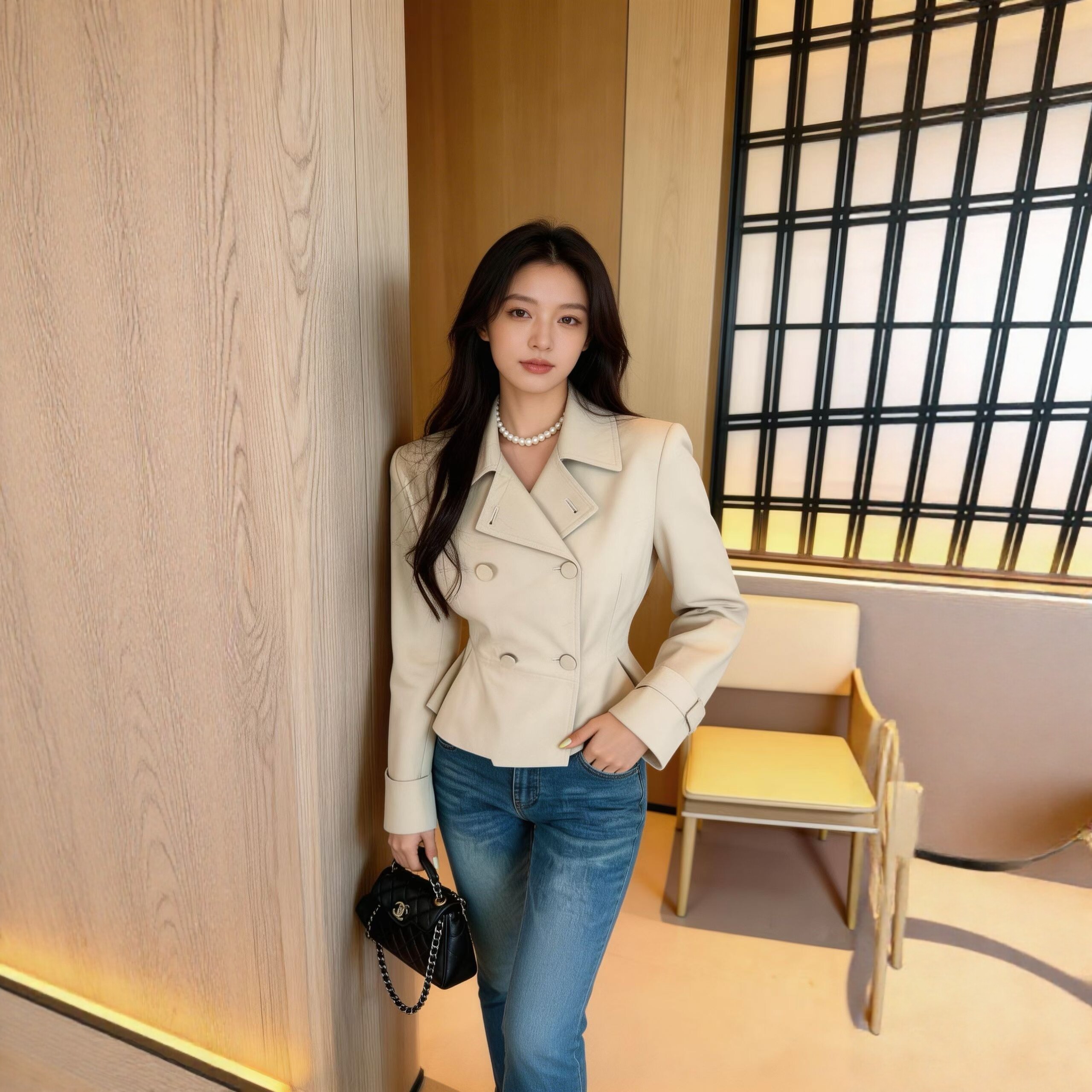 韩版短款双排扣风衣女春宽松
