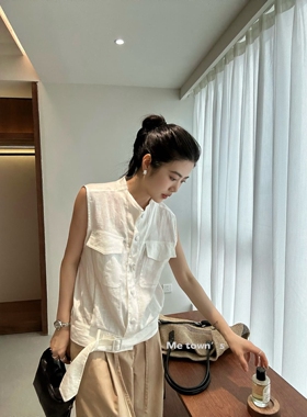 Me town's韩版老钱风气质松弛感休闲衬衫女夏宽松腰带短衬衣S6781