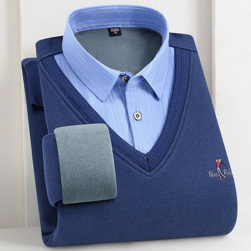 秋冬季男士保暖内衣羊毛假两件加绒加厚衬衫带领毛衣针织衫羊毛衫