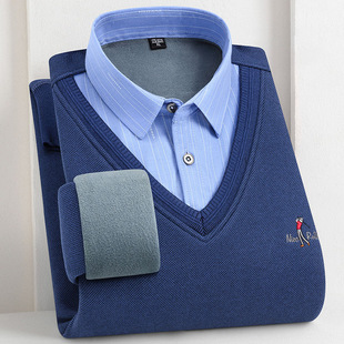 秋冬季男士保暖内衣羊毛假两件加绒加厚衬衫带领毛衣针织衫羊毛衫