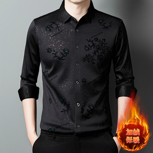 2026年新款加绒加厚秋冬季男士保暖内衣长袖衬衣中年男式印花衬衫