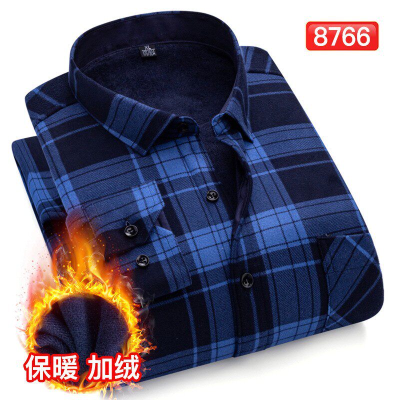 冬季加绒加厚格子衬衫男士保暖内衣长袖双面磨绒商务休闲保暖衬衣