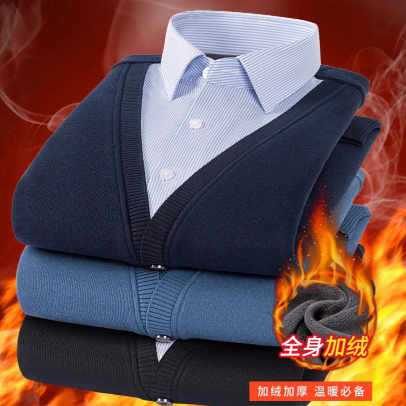 冬季羊毛衫假两件衬衫男加绒加厚保暖舒适羊毛衫男士保暖内衣打底