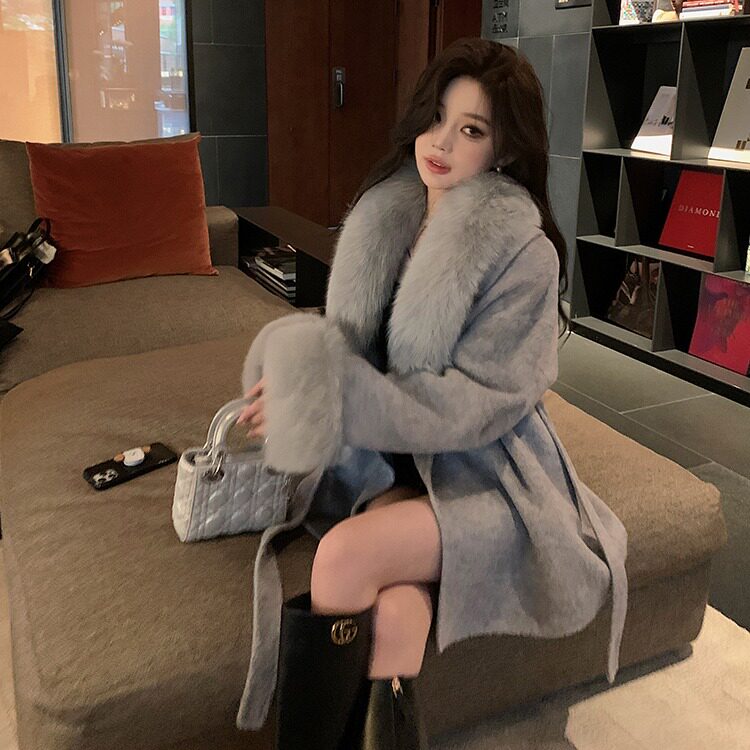 海宁皮草女2025冬季新款双面呢羊绒大衣女狐狸毛中长款毛呢外套