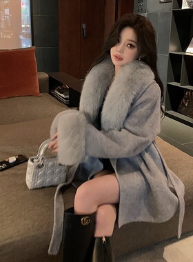 海宁皮草女2025冬季新款双面呢羊绒大衣女狐狸毛中长款毛呢外套