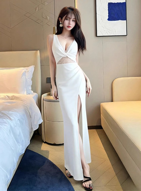吊带白色裙女蕾丝拼接高开叉气质宴会风长款修身晚礼服连衣裙子女