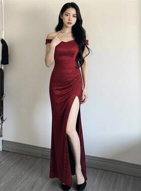 一字肩年会高级感小众亮片学生日成人礼艺考主持敬酒服连衣裙子女