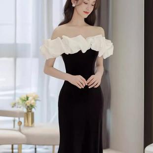 黑色晚礼服一字肩轻奢小众高端气质显瘦名媛主持人鱼尾连衣裙法式