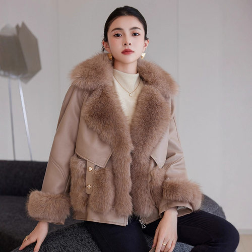 2025年新款水貂毛皮女秋冬款皮加厚皮毛一体外套pu皮羽绒服