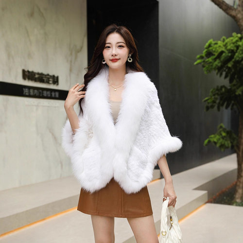 新款网红时尚气质兔毛编织外套女皮草披肩阔口袖子狐狸毛双面均码