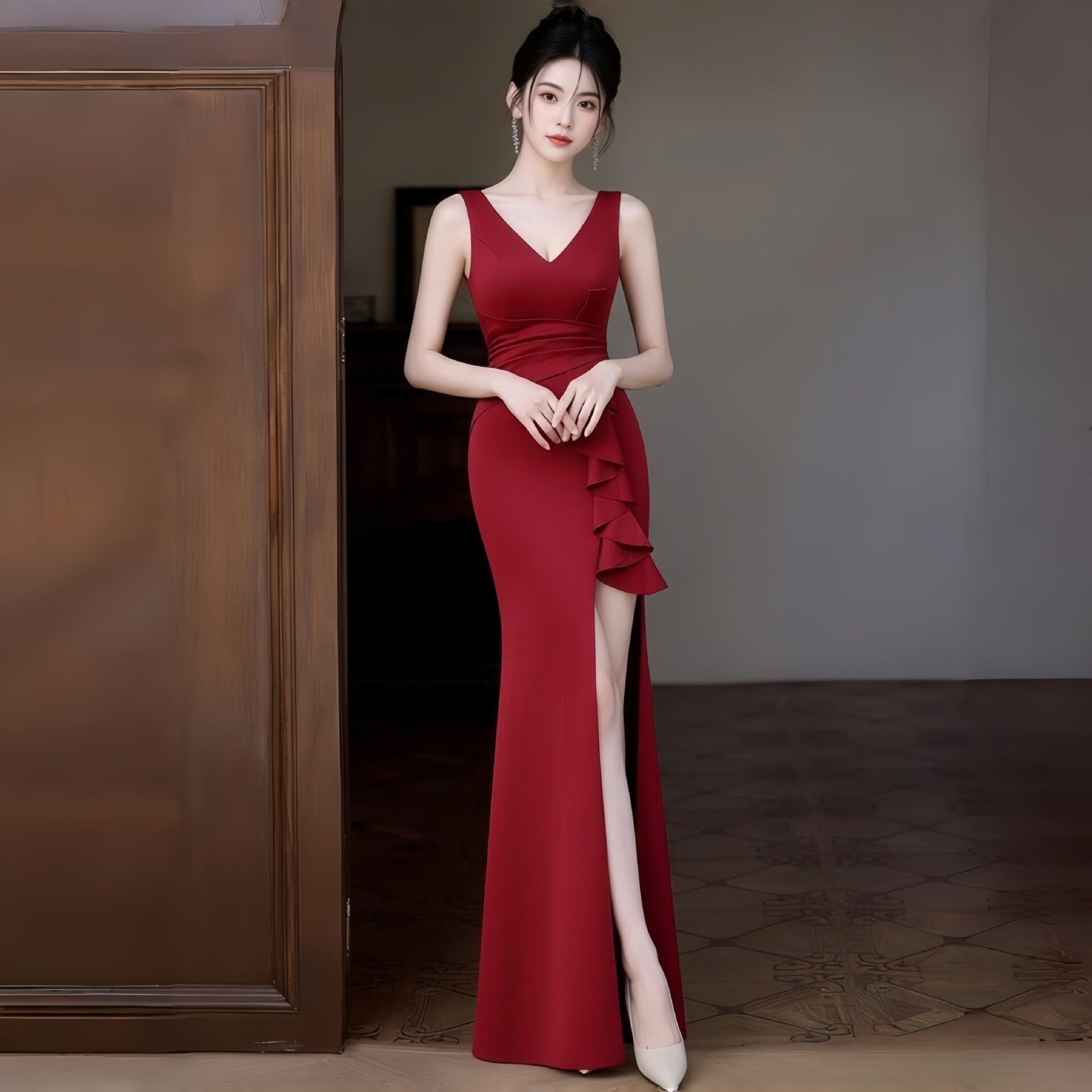 红色深V领晚礼服裙女荷叶边高开叉收腰显瘦宴会敬酒气质鱼尾长款