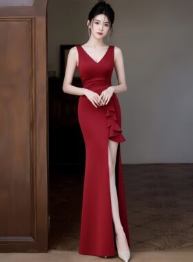 红色深V领晚礼服裙女荷叶边高开叉收腰显瘦宴会敬酒气质鱼尾长款