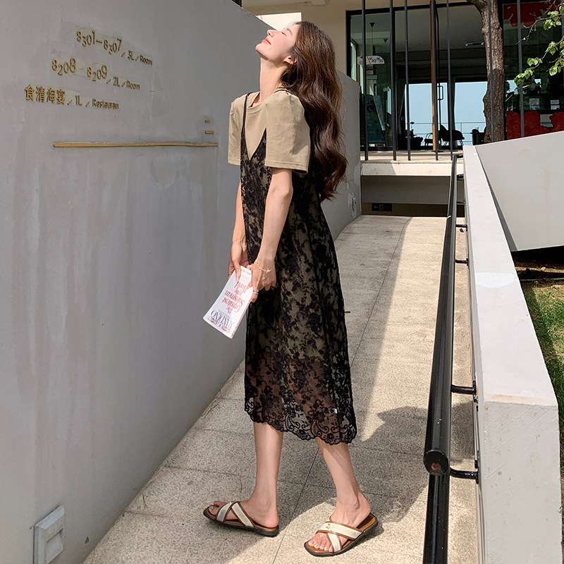 法式甜美T恤连衣裙套装女2025夏季新款宽松显瘦蕾丝罩衫裙两件套,女装连衣裙,2C110