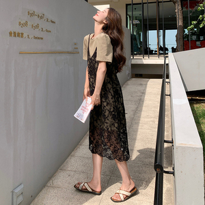 法式甜美T恤连衣裙套装女2025夏季新款宽松显瘦蕾丝罩衫裙两件套图片